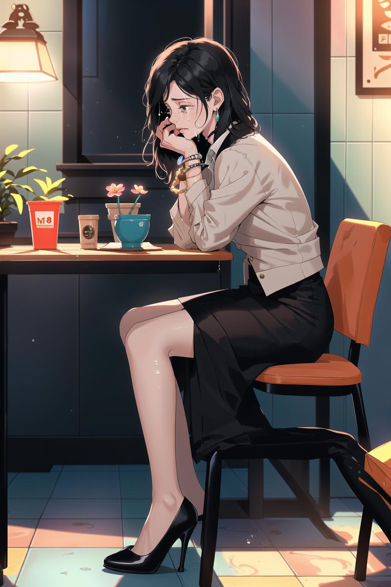 00797-3640009903-_lora_平涂赛璐璐-Flat paint style Lora_0.6_,1girl,adult,office lady,medium hair,black hair,black eyes,the girl sat on a wooden backre.png